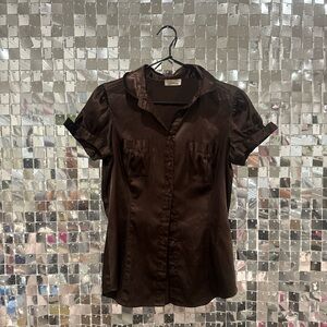 Vintage Chocolate Brown Satin Button-Up Top
